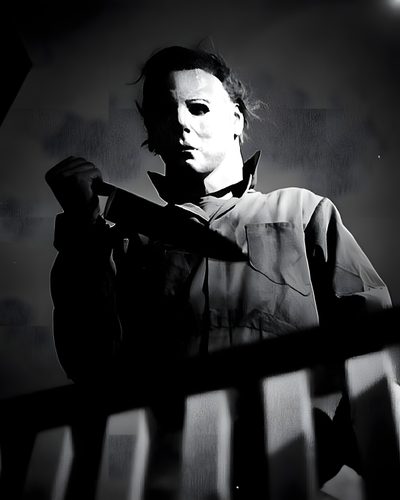 a black and white photo of a man in a scary mask holding a knife up to his face Halloween 1978 Michael Myers Michael Myers Art, Michael Meyer, Halloween 1978, Michael Meyers Halloween, black