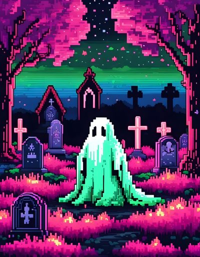 a pixel art painting of a ghost sitting in the middle of a graveyard Vaporwave Halloween Goth Pixel Art, Spooky Space, Purple Pixel Art Ghost, midnight blue