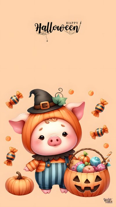 a cartoon pig is sitting next to some pumpkins Cute Halloween Pig Halloween Pigs, Pig Thanksgiving, Halloween Animal, Happy Halloween Cute, navajo white