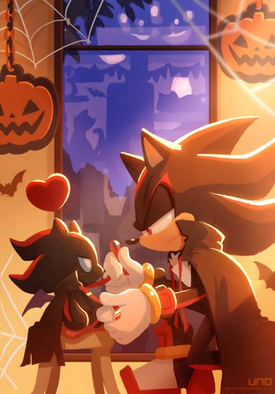 two cartoon characters are playing with each other in front of a halloween themed window sill Shadow The Hedgehog Halloween Shadow The Hedgehog Halloween, Halloween Shadow The Hedgehog, Sonic Autumn, sienna