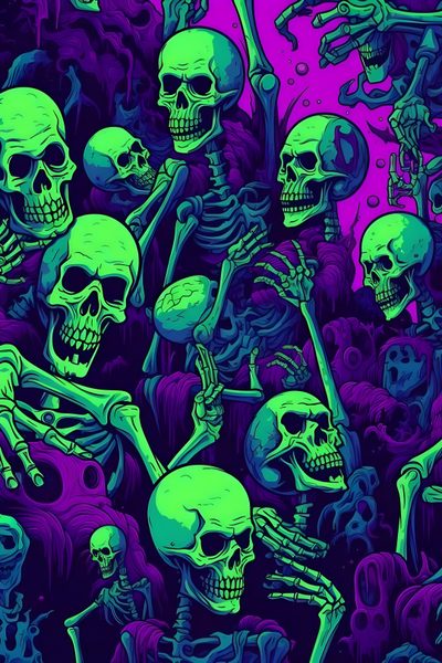 a group of skeletons in purple and green Purple And Green Halloween Cool Spooky, Halloween Aesthetic, Spooky Design, Halloween Skull, midnight blue