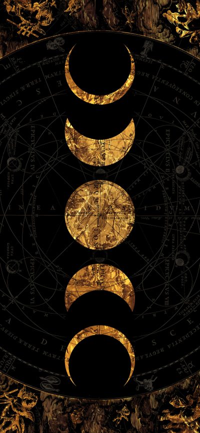 three phases of the moon in gold and black on a black background with golden leaves Black And Gold Halloween Witchy Hd, Golden And Black Background, Amazing For Phone, Black And Golden,
