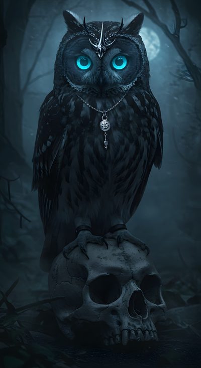 an owl with blue eyes sitting on top of a skull in the dark forest at night Halloween Owl Hd Gothic Owl, Owl And Skull, Owl With Skull, Black Owl, Dark Powerful Owl,
