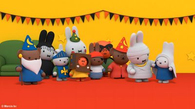 a group of small toy animals standing next to each other on a red carpet in front of a yellow wall Miffy Halloween Miffy Ghost, Miffy Halloween, Miffy Halloween Costume, Miffy Halloween Party, chocolate