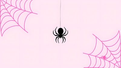a spider hanging from a web on a pink background Pink Halloween Computer Pink Theme For Laptop, Spider Woman For Laptop, Pink Background For Pc, lavender blush