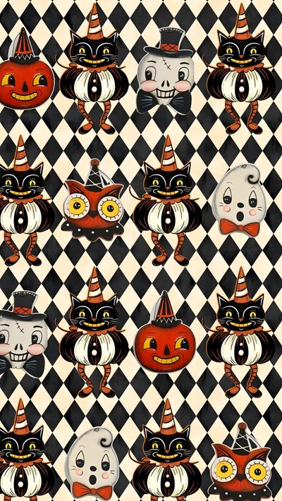 halloween cats and pumpkins on black and white checkered background Johanna Parker Halloween Halloween Illustration, Halloween Backgrounds, Autumn Aesthetic, saddle brown
