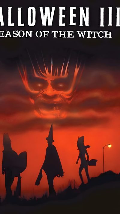 the poster for halloween ii season of the witch, with three silhouettes in front of an orange sky Halloween Iii Season Of The Witch Halloween Iii, 80s Movies, Season Of The Witch, Witch, Halloween, maroon