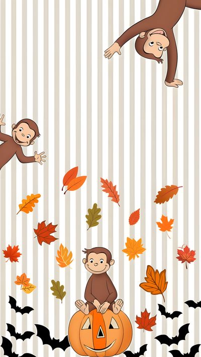 two monkeys sitting on top of a pumpkin with leaves flying around them in the air Halloween Monkey Curious George, Phone, Cute, gainsboro