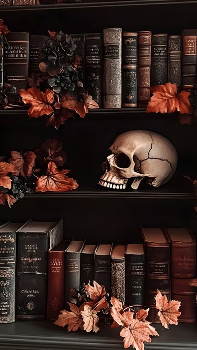 there is a skull sitting on the bookshelf next to some leaves and flowers Iphone Halloween Book Spooky Autumn Aesthetic, Fall Bookshelf Background, Spooky Library Aesthetic, black