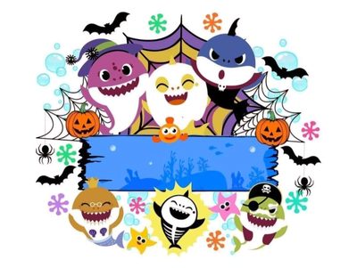 an image of some cartoon characters holding a sign with bats and pumpkins on it Baby Shark Halloween Halloween Shark, Baby Shark Pumpkin, Baby Shark Halloween, white