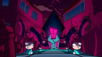 some cartoon characters are walking down the street in front of pink and purple buildings at night Invader Zim Halloween Invader Zim Show, Gir Invader Zim Pc, Invader Zim Banner, black