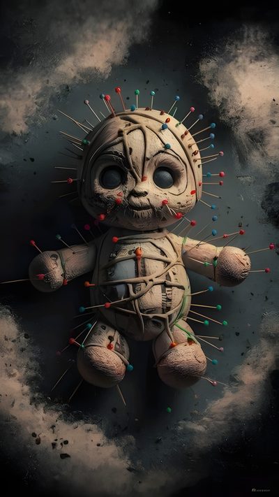 a creepy looking teddy bear with pins stuck in it's body and head, surrounded by clouds Halloween Voodoo Doll Food Styling, Spinning Voodoo Doll, Voodoo Doll Background, Hair Food, dark slate gray