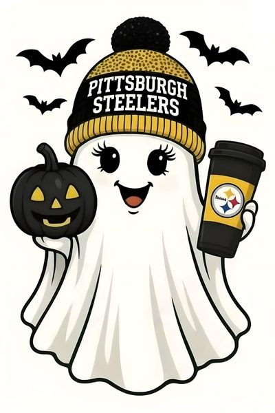 a white ghost wearing a hat and holding a cup with pittsburgh steeles written on it Halloween Nfl Greenbay Packers Logo, Packers Pumpkins, Green Bay Packers Halloween Decorations, white smoke