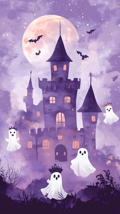 halloween castle with ghostes flying over it Cute Halloween Purple Ghost Halloween Art, Halloween Backgrounds, Arte Mexicano, Halloween Make, dark gray