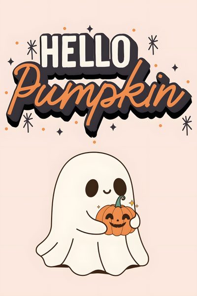 hello pumpkin halloween card with a ghost holding a jack - o'- lantern and the words hello pumpkin Hello Halloween Cute Halloween Aesthetic, Halloween Iphone Aesthetic, Happy Halloween Aesthetic, antique white