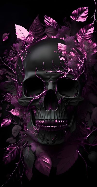 a skull surrounded by purple flowers and leaves Halloween Skulls Very Cool Backgrounds, Pretty Skull Iphone, Pretty Skull, Black And Pink Skull,