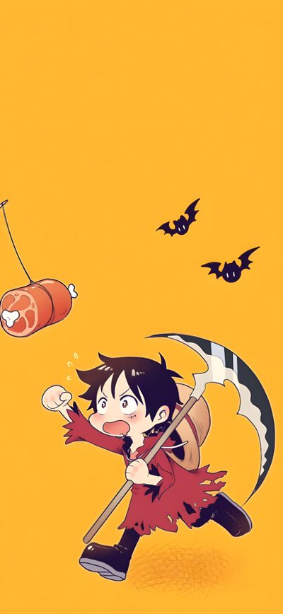 an anime character flying through the air with a bat in his hand and other characters behind him Luffy Halloween One Piece Cute, Cute One Piece, Jumpluff, Cute Anime Bat, Halloween One Piece, goldenrod