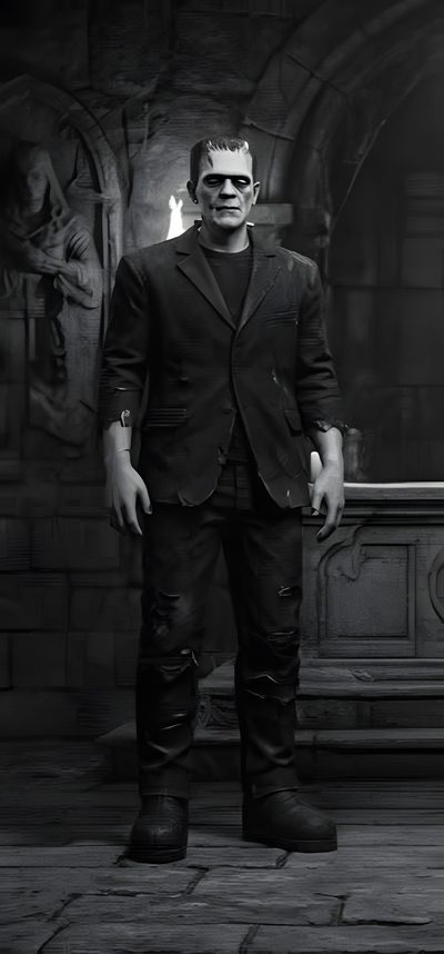 black and white photograph of a man in a suit standing on a stone floor with his hands in his pockets Frankenstein Halloween Sleepy Hollow Halloween, Classic Horror Movies Monsters, Batgirl Art, black
