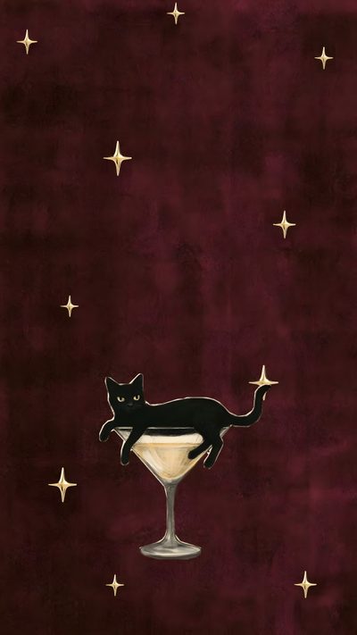 a black cat sitting on top of a wine glass in the middle of a red background Burgundy Halloween Jazz Cat, Black Cat Drawing, Black Cat Illustration, Samurai, Hippie Painting,