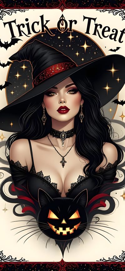 a woman wearing a witches hat with a black cat on her chest and the words trick or treat written below Pinup Halloween Witch Artwork, Beautiful Witch Art, Witch Drawing, Witch Pictures, dark slate gray