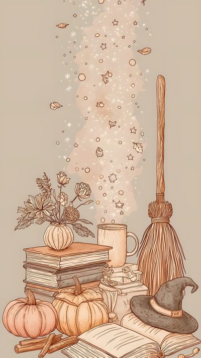a broom, books and pumpkins on a table with stars in the sky above Halloween Book Fall Celestial, Witchy Fall, Fall Kindle, Fall Book Iphone, Harvest Moon Iphone, tan