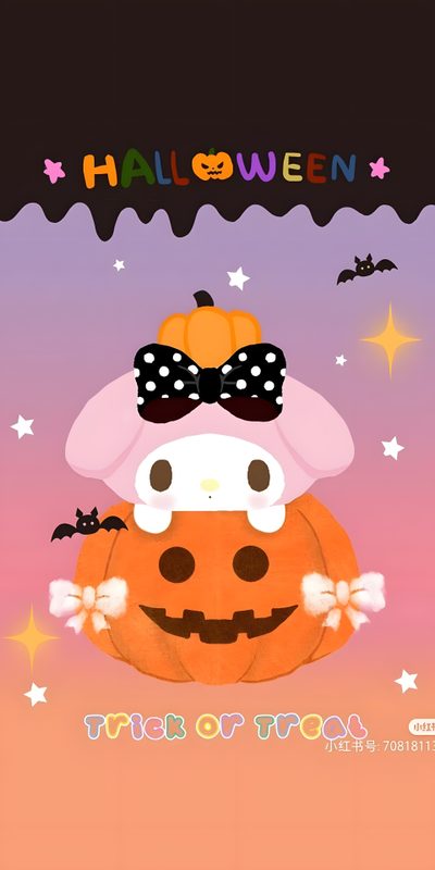 a cartoon pumpkin with a bow on it's head and the words halloween written above it My Melody Halloween Sanrio Halloween Stickers, Sanrio Halloween, My Melody Halloween Background, dark salmon