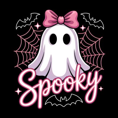 a spooky ghost with a pink bow on it's head and the words spooky Pink Bow Halloween Halloween Cute, Pink Ghost Image, Girly Halloween, Girly Spooky Background, black