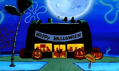 an animated halloween scene with pumpkins and jack - o'- lanterns on the front 2000s Halloween Autumn Spongebob, Mr Krabs Halloween Episode, Halloween 90s Movies, dark blue