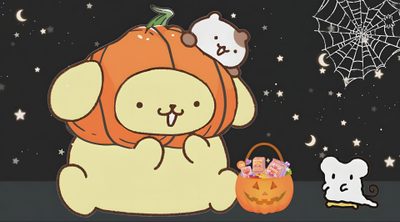 a cartoon bear sitting next to a pumpkin with a ghost on its head and another animal standing behind it Pom Pom Purin Halloween Cute Halloween Decoration Inspiration, Cute Halloween Pumpkin Character, Cute Pumpkin Costume Illustration, dark slate gray