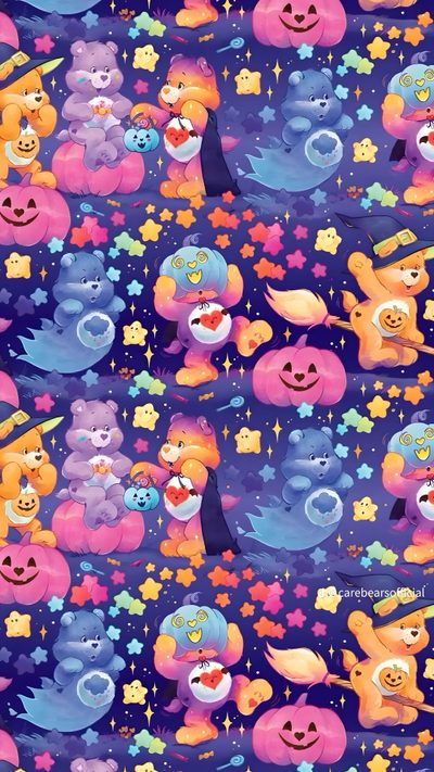 many different colored bears and stars on a purple background Care Bears Halloween Care Bear Fall, Carebear Halloween, Care Bears Aesthetic, Care Bear Halloween, slate gray