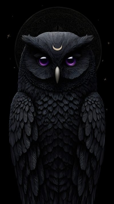 an owl with purple eyes sitting on top of a table Halloween Owl Hd Dark Themed Owl Art, All Black Owl, Black Owl, Dark Aesthetic Owl Art, Owl Dark,