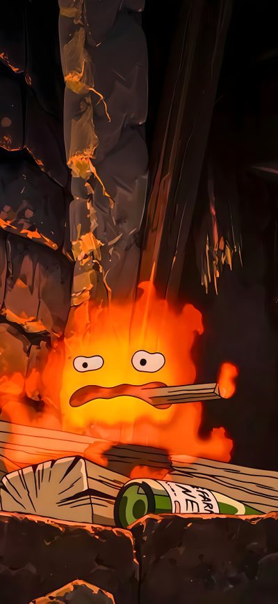 an animated cartoon character in front of a fire with flames coming out of his mouth Ghibli Halloween Calcifer Iphone, Studio Ghibli Iphone, Studio Ghibli Vibes, Studio Ghibli Lockscreen, black