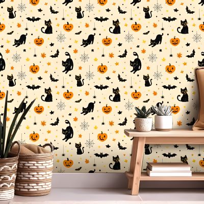 halloween wallpaper with black cats and pumpkins Halloween - Bats And Cats - Cream Pumpkin Spider, Renter Friendly, Contact Paper, Halloween Paper, bisque