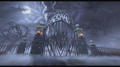 a gate that is surrounded by fog and lightning Halloween Town Gate Adams Family Background, Addams Family Background, The Addams Family Background, dim gray