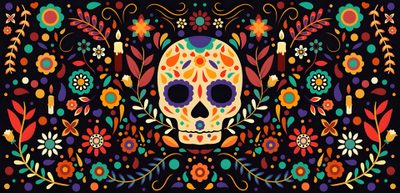 a colorful skull with flowers and leaves on it's head, surrounded by an ornate border Mexican Halloween Dia De Muertos Mexico Fondos, Mexico Computer, Dia De Los Muertos Zoom Background, black