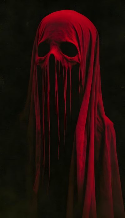 a red cloth covered face with blood dripping down the sides and covering it's head Halloween Mask Fantasy Horror, Black And Red Horror, Creepy Mask Design, Devil Painting,