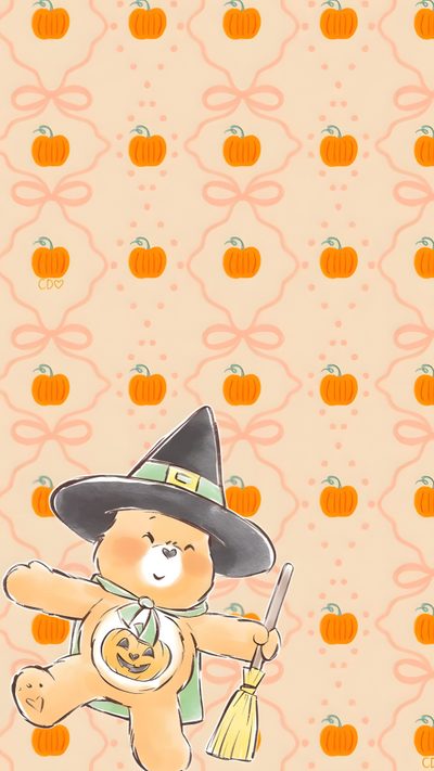 a teddy bear dressed as a witch with a broom and pumpkins in the background Aesthetic Halloween Care Bear Hello Kitty Halloween, Ipod, Halloween Iphone Backgrounds, Cheetah Print, wheat