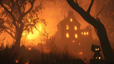 a creepy looking house in the woods with pumpkins on it's windows at night Halloween 2k Halloween Town, Halloween Landscape, Halloween, Halloween Banner, saddle brown