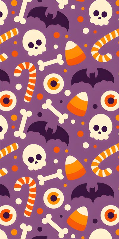 halloween themed wallpaper with skulls, bones and candy canes in orange and purple Halloween Candy Design Spooky Season Cartoon, Halloween Colours, Halloween Cartoon Aesthetic, gray