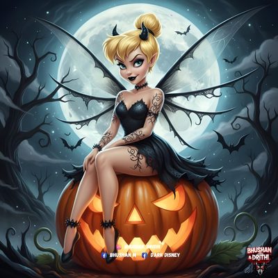 a halloween fairy sitting on top of a pumpkin Tinkerbell Halloween Happy Halloween Tinkerbell, Fairy In Boots, Halloween Fairy, dark slate gray