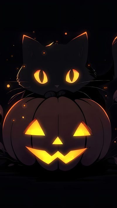 a black cat is sitting on top of a pumpkin with glowing eyes and mouth open Halloween Cat Themed Cat Halloween, Halloween Cat Ideas, Spooky Cats, Halloween Live Photo, black