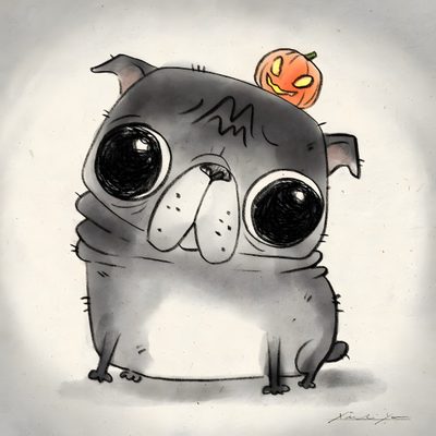 a drawing of a pug with a pumpkin on top of it's head Halloween Pug How To Draw A Cute Pug, Black Pug Illustration, Pug Doodle, Cute Pug Cartoon Art, light gray