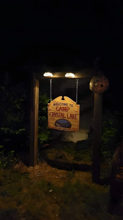 the welcome sign to crystal lake at night Camp Crystal Lake Halloween Friday The 13th Camp Crystal Lake Aesthetic, Camp Crystal Lake, Camp Crystal Lake Tattoo, black