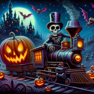 a painting of a skeleton riding on a train with pumpkins and bats around it Halloween Train Happy Halloween Pictures, Halloween Eve, Halloween 1, Halloween Pictures, dark slate gray