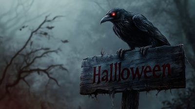 a black bird sitting on top of a wooden sign in front of some dark trees Halloween Hd Free Halloween Parfait, Fond D Ecran, Free Download, Halloween, In This Moment, dark slate gray