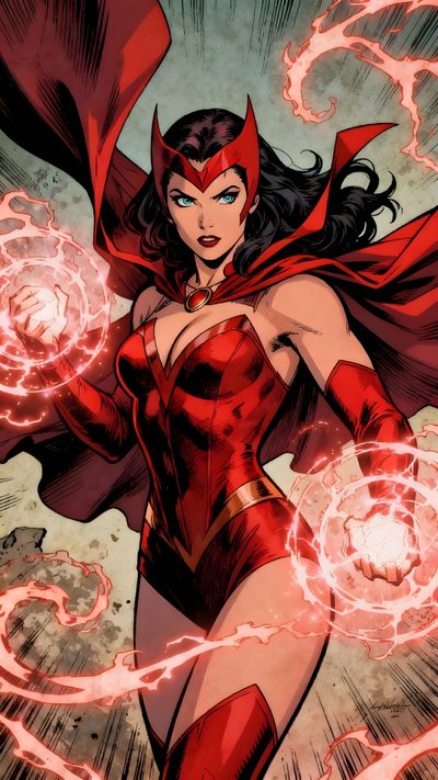 a woman in a red costume with her arms spread out, surrounded by swirling circles Marvel Halloween Scarlet Witch Dc, Marvel Comic Women, Wanda Maximoff X Men Evolution, sienna