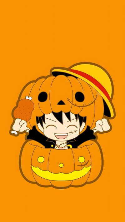 an orange background with a cartoon character holding a jack - o'- lantern in it Halloween One Piece Luffy Pumpkin Carving, One Piece Fall, One Piece Pumpkin, Luffy Pumpkin, dark orange