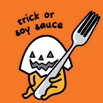 a cartoon character holding a fork with the words trick or soy sauce written on it Gudetama Halloween Gudetama Thanksgiving, Gudetama Halloween, Gudetama Drinking Soy Sauce, chocolate