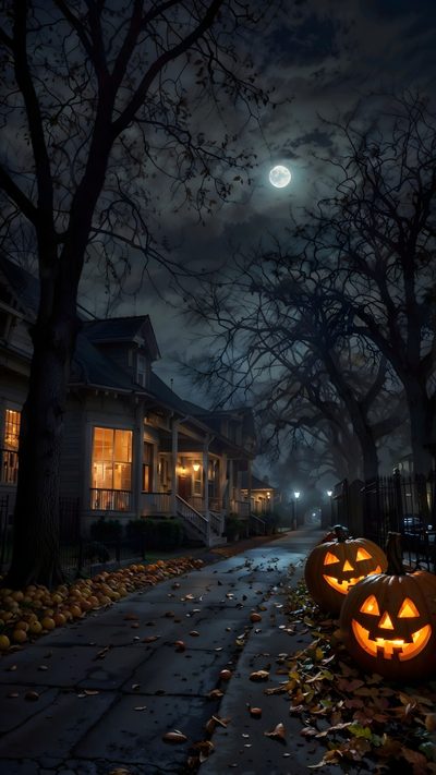 two jack o lantern pumpkins sitting on the ground in front of a house at night Halloweentown Aesthetic The Last Halloween, Halloween Iphone Backgrounds, Halloween Countdown, black