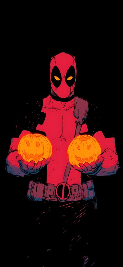 a deadpool holding two pumpkins in his hands with glowing eyes on their faces Deadpool Halloween New Mutants 98, Lock Screen Backgrounds, Dark Comics, The New Mutants, Hd Phone, black